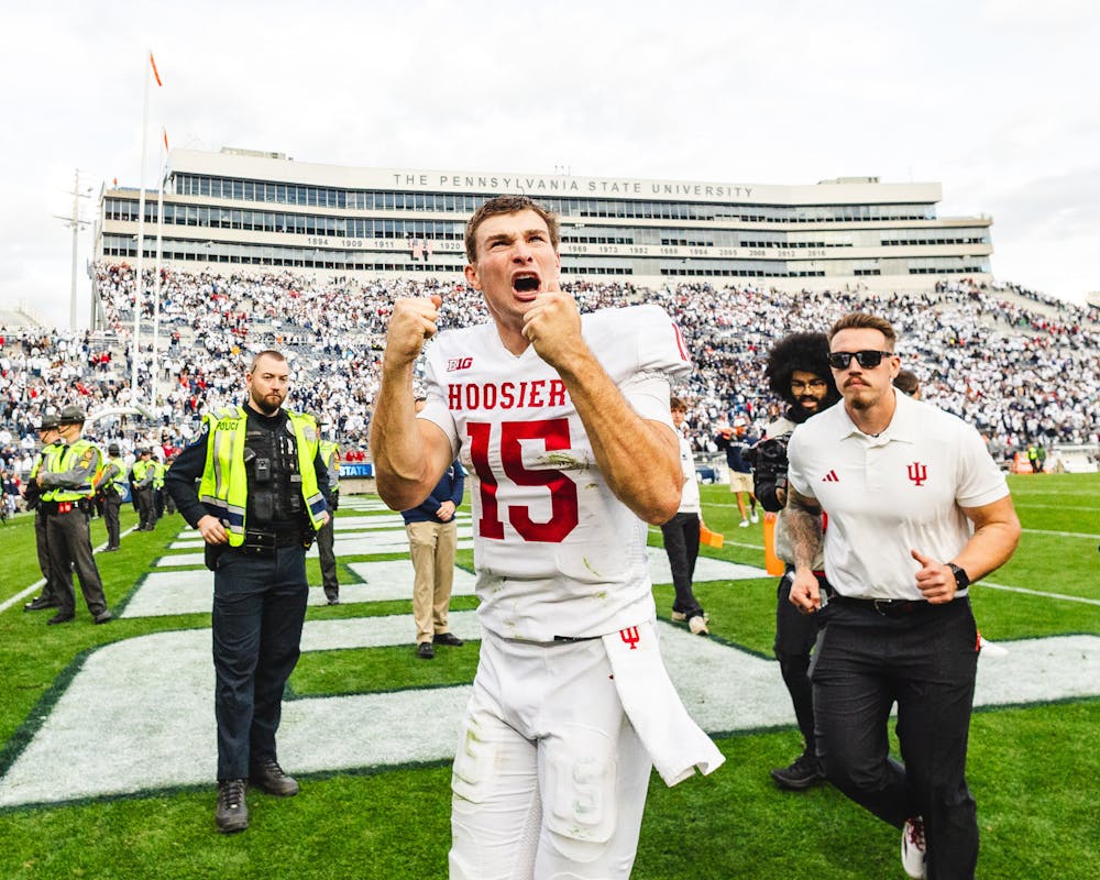 <p>Indiana quarterback Fernando Mendoza celebrates after the Hoosiers&#x27; 27-24 win over Penn State on Nov. 8, 2025. (HN photo/Kallan Graybill)</p>