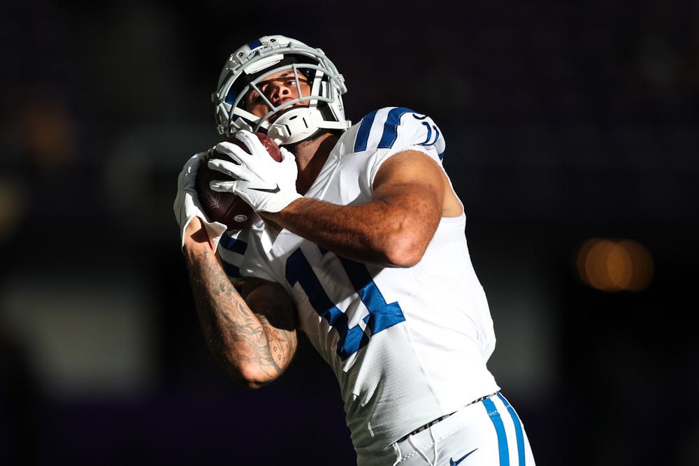 Indianapolis Colts wide receiver Michael Pittman catches a pass during warmups before the start of a preseason game against the Minnesota Vikings at U.S. Bank Stadium on August 21, 2021, in Minneapolis. (David Berding/Getty Images/TNS)