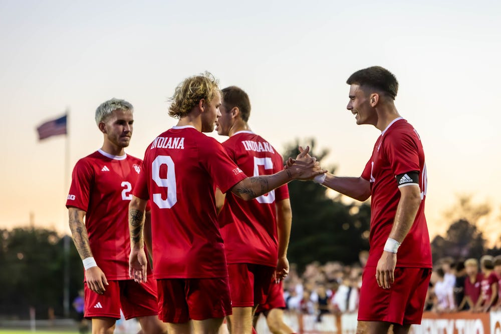 Tommy Mihalic (right) and Sam Sarver (9) celebrate one of Mihalic's goals against Yale during Indiana's win over Yale on Sept. 1, 2024. (HN photo/Olivia Sullivan)