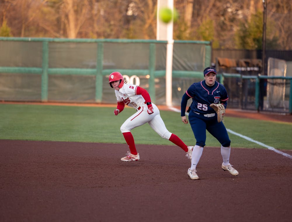 Ellie Goins takes off from first base during Indiana's win over Detroit Mercy on March 27, 2026. (HN photo/Lindsey Soet)