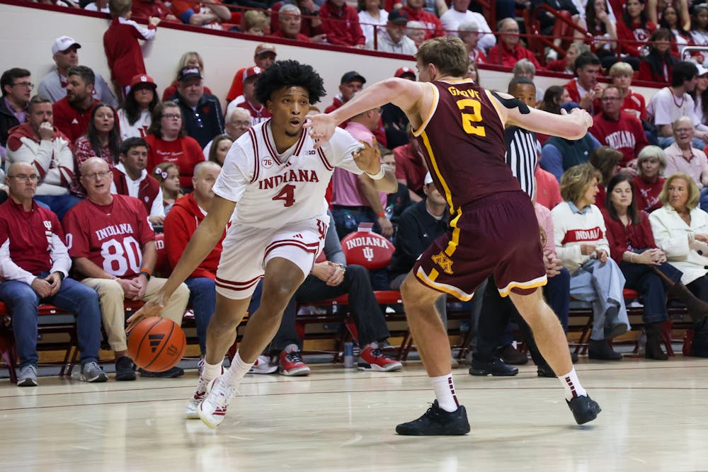 Sam Alexis drives during Indiana's win over Minnesota on Senior Night on March 4, 2026. (HN photo/Shelby Gosser)