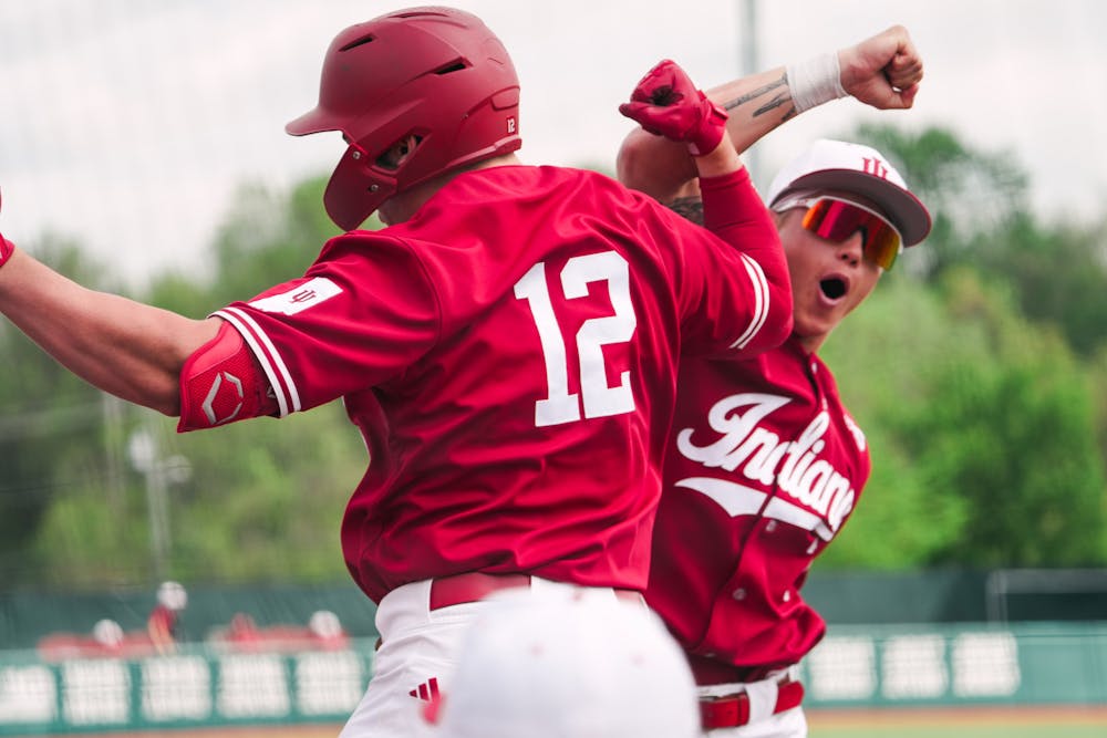 Indiana players celebrate during Indiana's win over Rutgers on April 28, 2024. (HN photo/Shrithik Karthik)