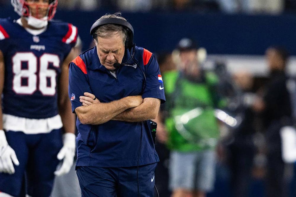 New England Patriots head coach Bill Belichick reacts to a Dallas Cowboys touchdown in the second half at AT&T Stadium on Oct. 1, 2023, in Arlington, Texas. The Cowboys won, 38-3. (Chris Torres/Fort Worth Star-Telegram/TNS)