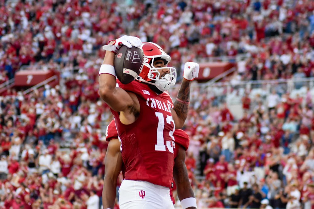 Indiana wide receiver Elijah Sarratt celebrates during Indiana's win over Western Illinois on Sept. 6, 2024. (HN photo/Shelby Gosser)