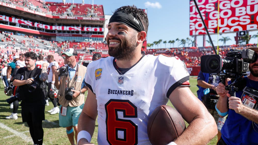 Does this look like a man who is worried? Bucs quarterback Baker Mayfield is in the top 10 in the NFL in passer rating, yards and touchdowns going into Thursday night's NFC South game in Atlanta. (Jefferee Woo/Tribune Content Agency)