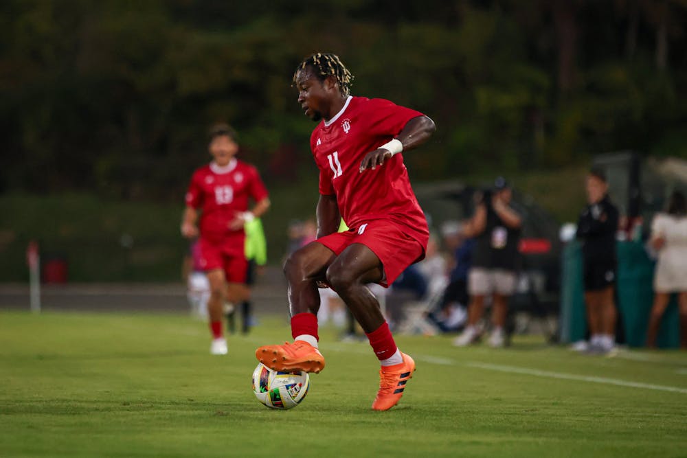 Collins Oduro handles the ball during Indiana's 2-0 win over Michigan State on Oct. 11, 2024. (HN photo/Jaren Himelick)