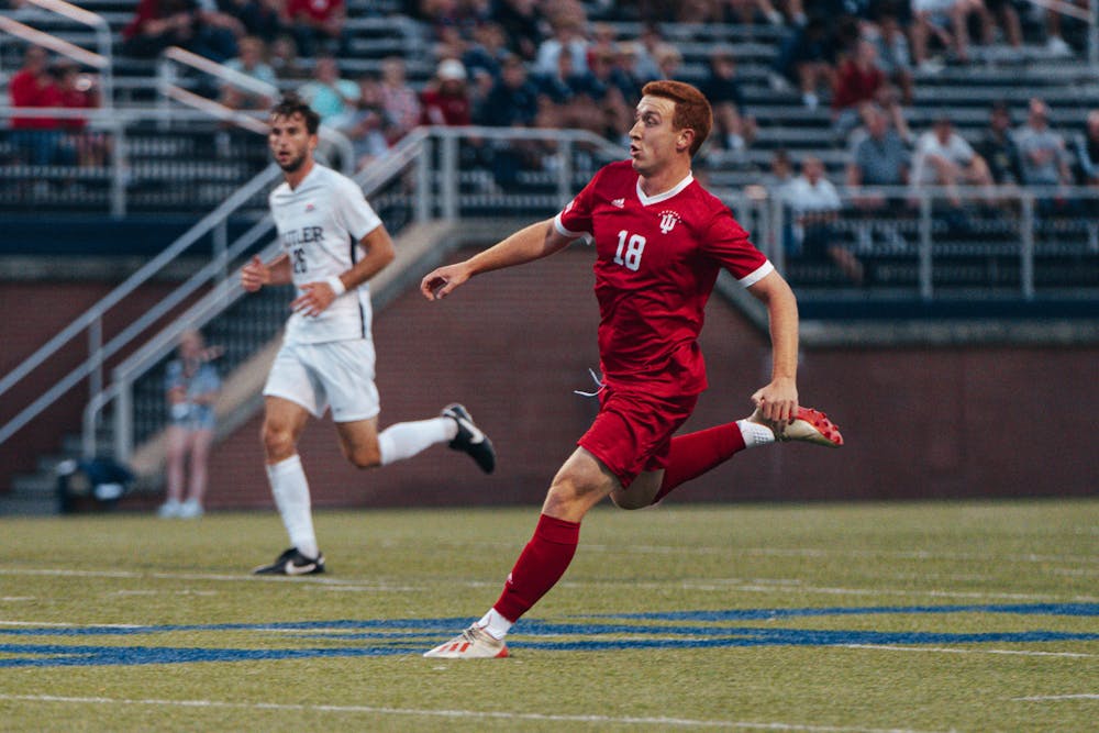 Indiana forward Ryan Wittenbrink runs during Indiana's win over Butler on Sept. 14. Wittenbrink scored the game-winning goal. (HN photo/Max Wood)