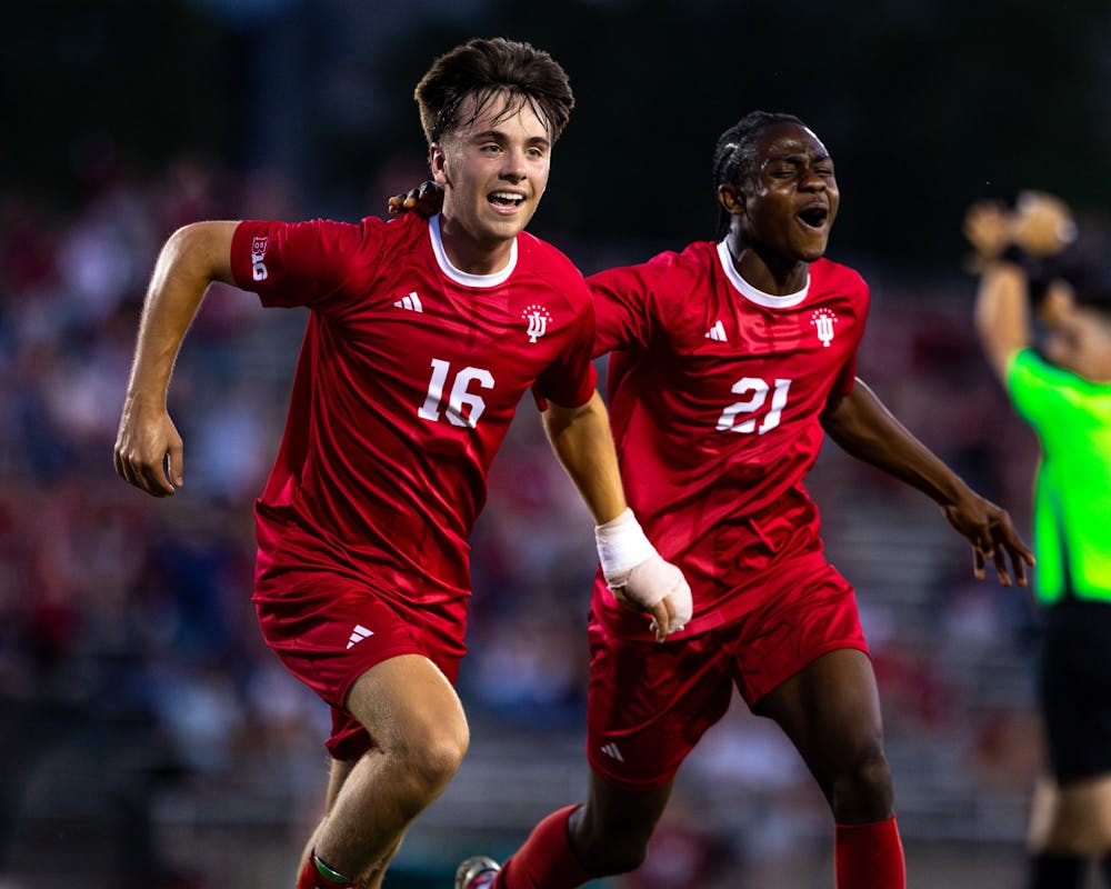 Charlie Heuer, left, and Michael Adu-Gyamfi celebrate Heuer's goal during Indiana's win over Evansville on Aug. 23, 2026. (HN photo/Lauren McKinney)