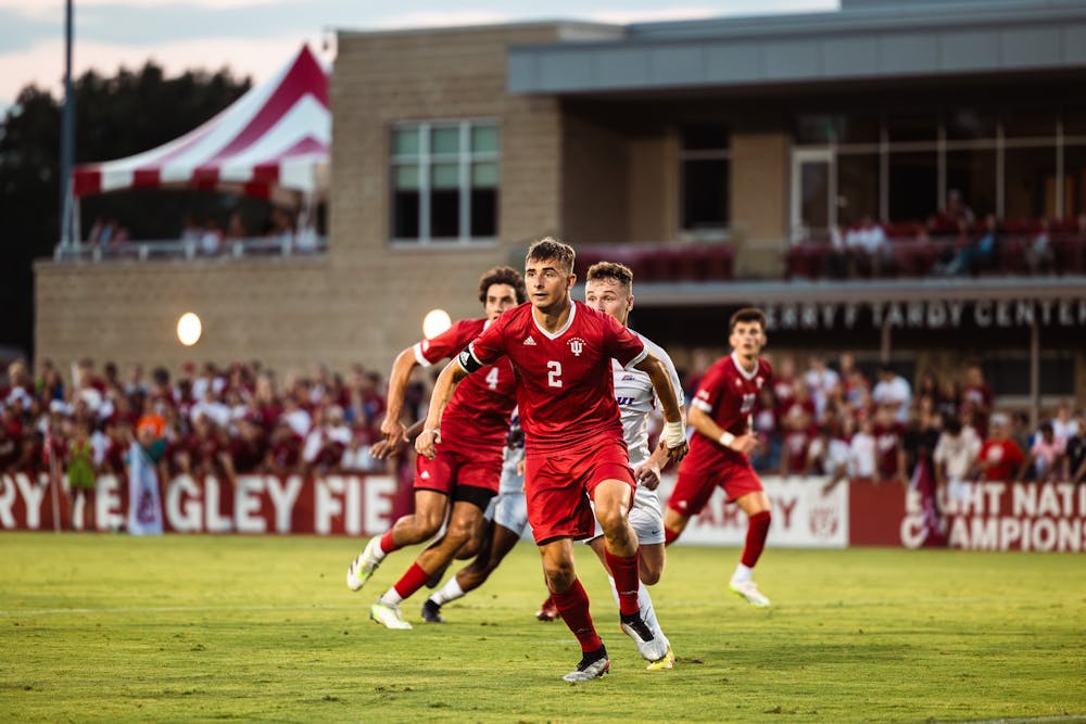 Joey Maher fights for position during Indiana’s 2-0 victory over DePaul on Aug. 29, 2023 in Bloomington. (HN photo/Kallan Graybill)