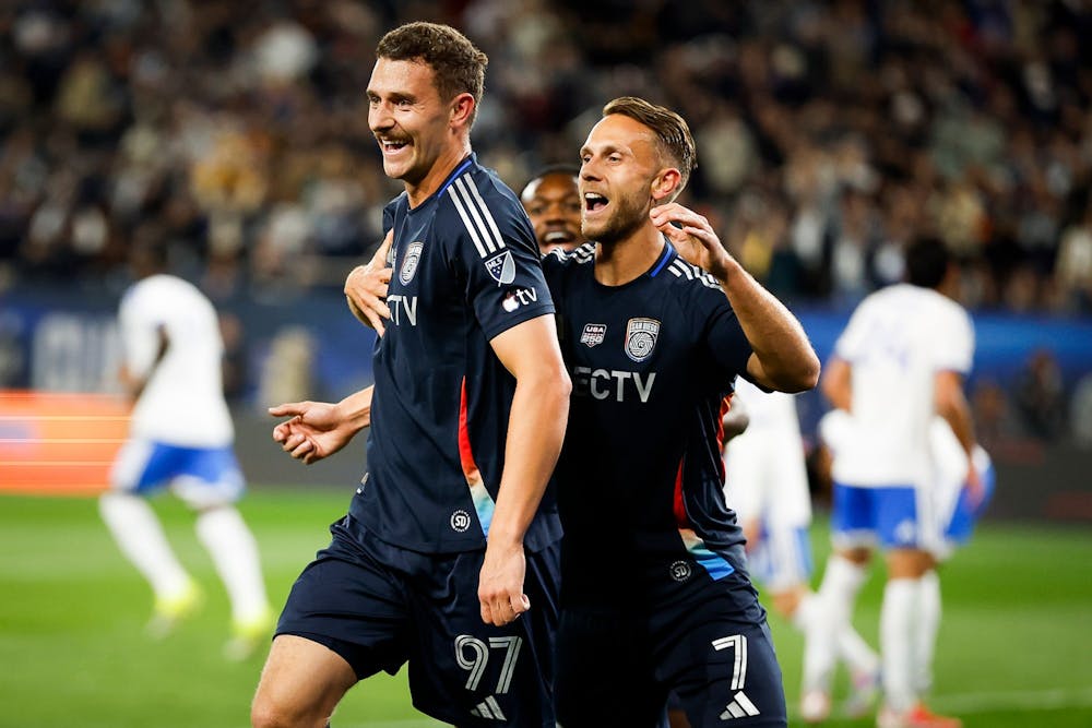 Christopher McVey #97 and Marcus Ingvartsen #7 of San Diego FC celebrate after a goal against CF Montreal during the season opener at Snapdragon Stadium on Saturday, Feb. 21, 2026 in San Diego, California. (Meg McLaughlin / The San Diego Union-Tribune / Tribune Content Agency)