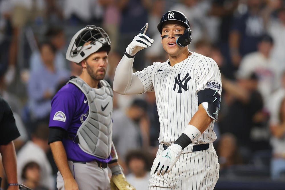 Aaron Judge #99 of the New York Yankees celebrates after hitting a sixth inning home run against the Colorado Rockies at Yankee Stadium on Aug. 23, 2024, in New York City. (Mike Stobe/Getty Images/TNS)