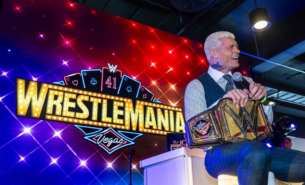 WWE champion Cody Rhodes answers some questions on the stage before fans during a WrestleMania kick off party hosted by experience/hospitality company On Location at the Grand Prix Plaza on Friday, April 18, 2025, in Las Vegas. (L.E. Baskow/Las Vegas Review-Journal/Tribune Content Agency) @Left_Eye_Images