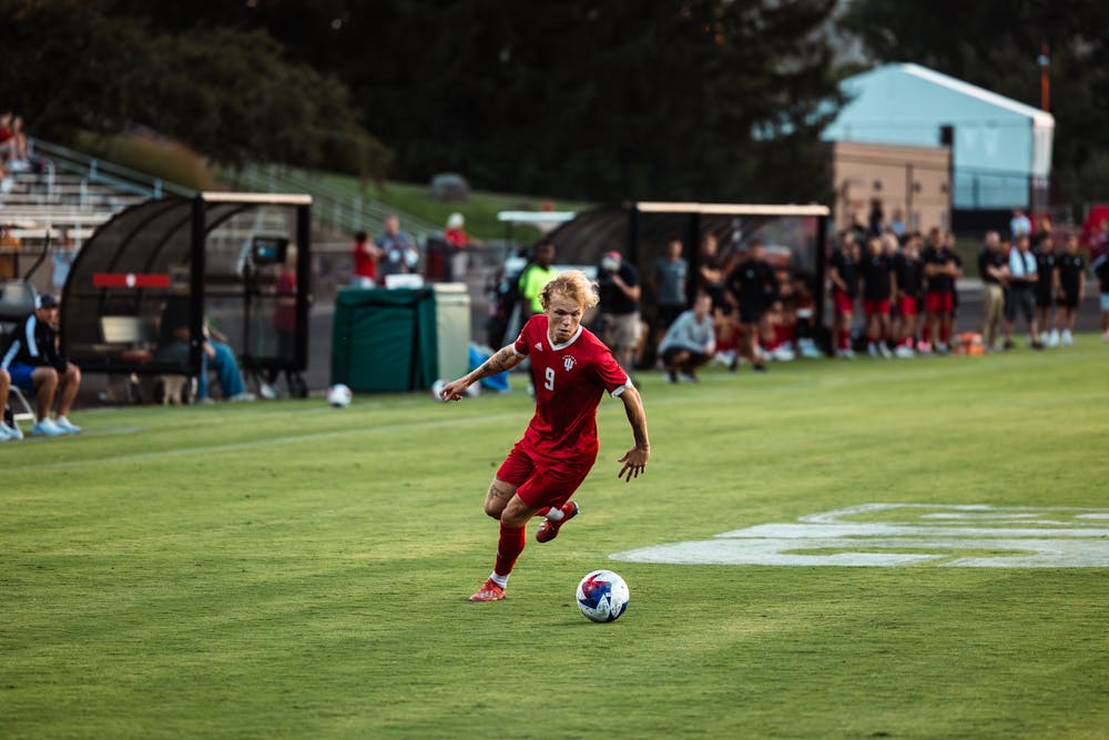 Sam Sarver approaches the ball during Indiana’s 2-0 victory over DePaul on Aug. 29, 2023 in Bloomington. (HN photo/Kallan Graybill)