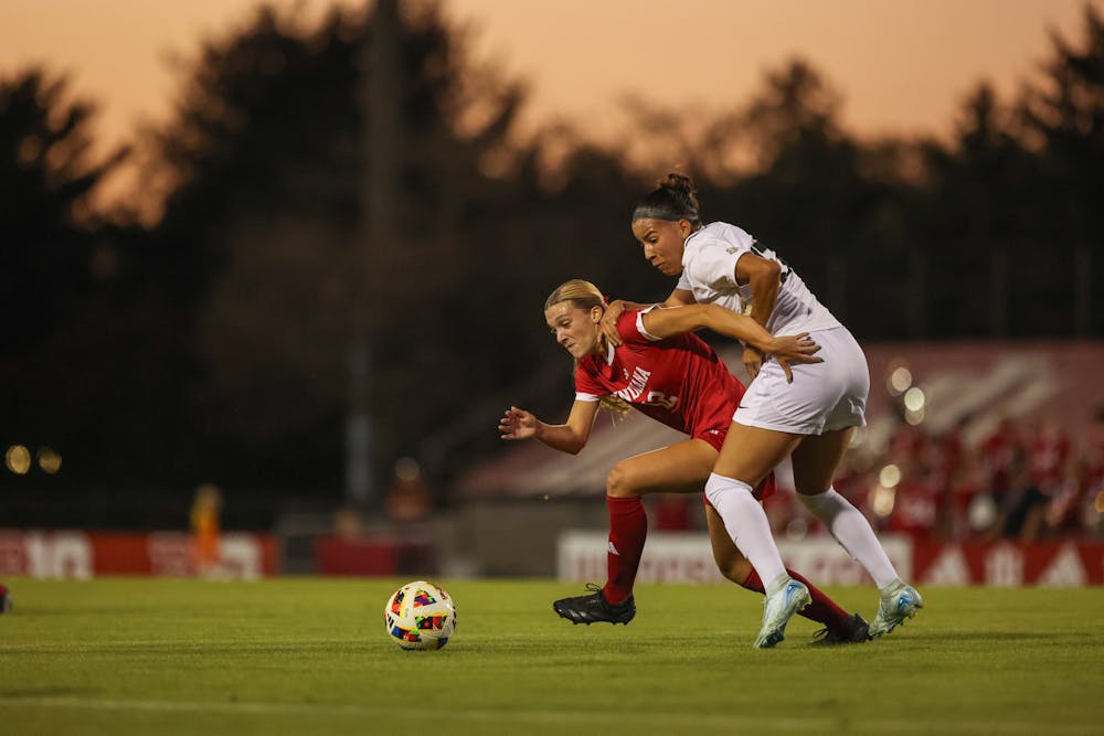 Marisa Grzesiak battles with a Purdue player during Indiana's draw with Purdue on Oct. 10, 2024. (HN photo/Weber Michell)