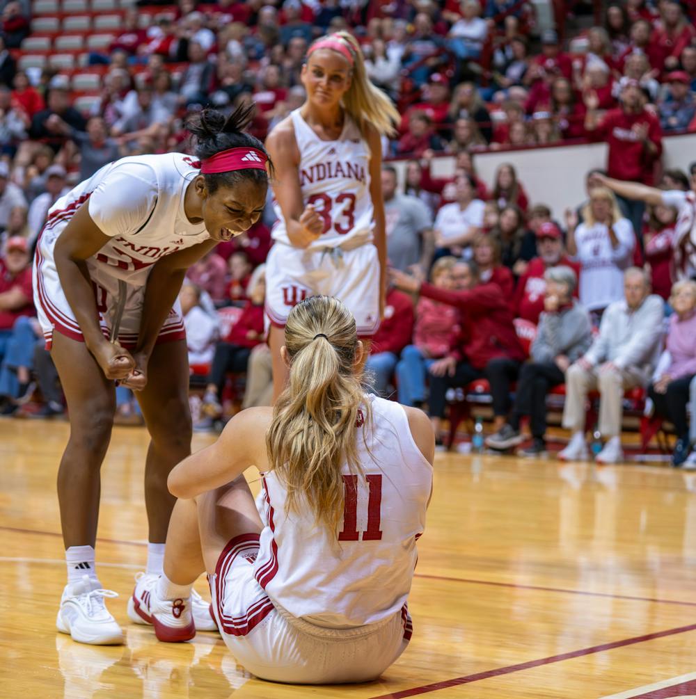 Karoline Striplin (11) celebrates during Indiana's 79-66 win over Stanford on Nov. 17 (HN Photo/Danielle Stockwell)