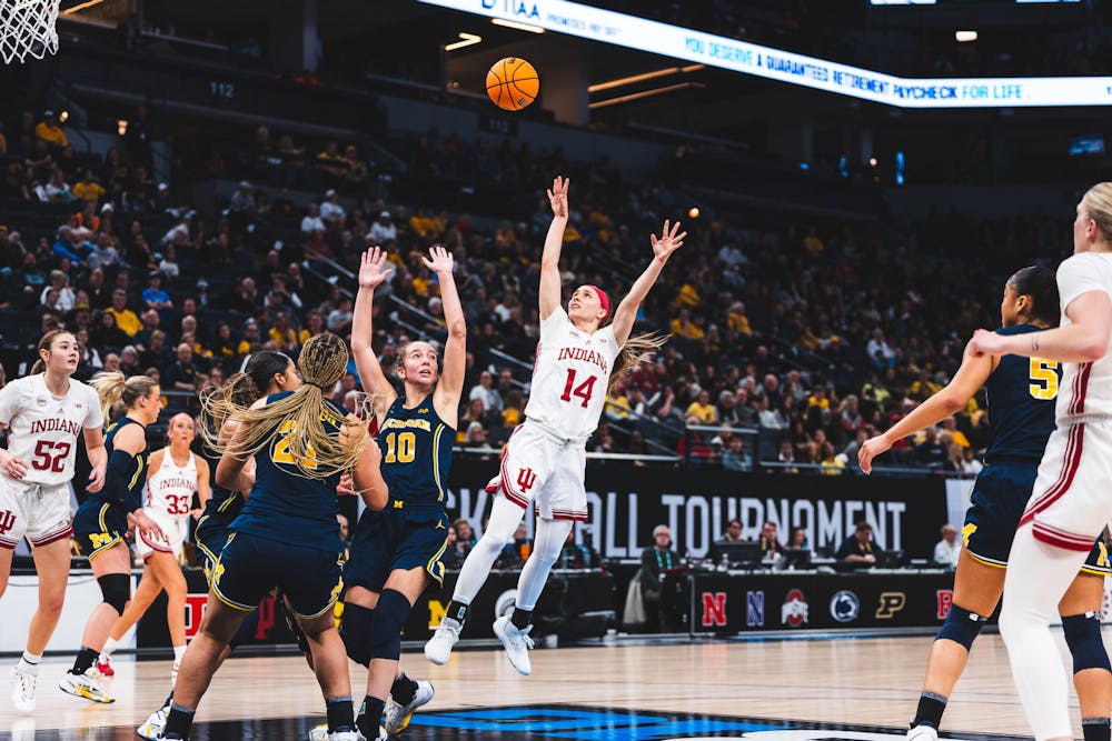 Sara Scalia takes a shot during Indiana's loss to Michigan in the Big Ten Tournament quarterfinals on March 8, 2024. (HN photo/Kallan Graybill)
