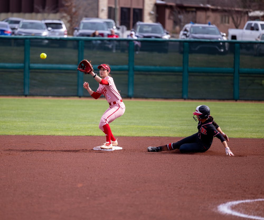 Aly VanBrandt prepares to catch a throw for a forceout during Indiana's loss to Rutgers on March 15, 2026. (HN photo/Lindsey Soet)