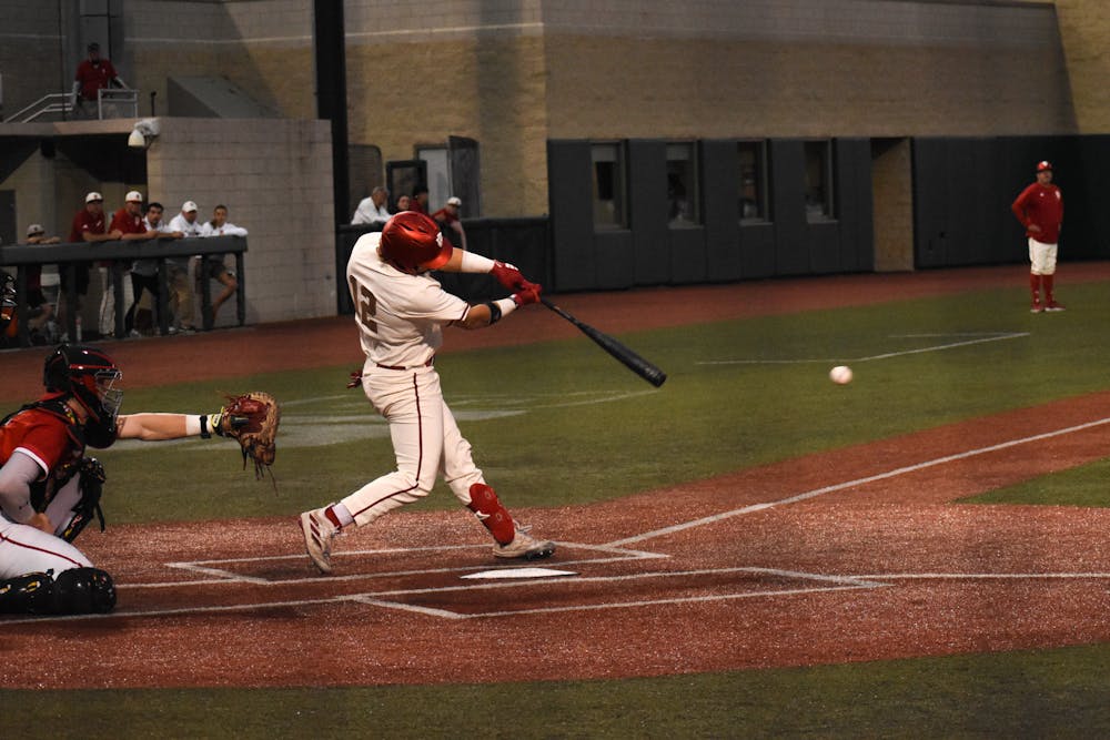Hogan Denny swings at a pitch during Indiana's win over Maryland on April 18, 2025. (HN photo/Weber Michell)