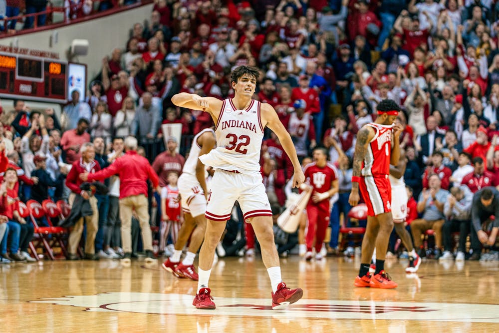Trey Galloway celebrates during Indiana’s win over Ohio State on Jan. 6, 2024. (HN photo/Nicholas McCarry)