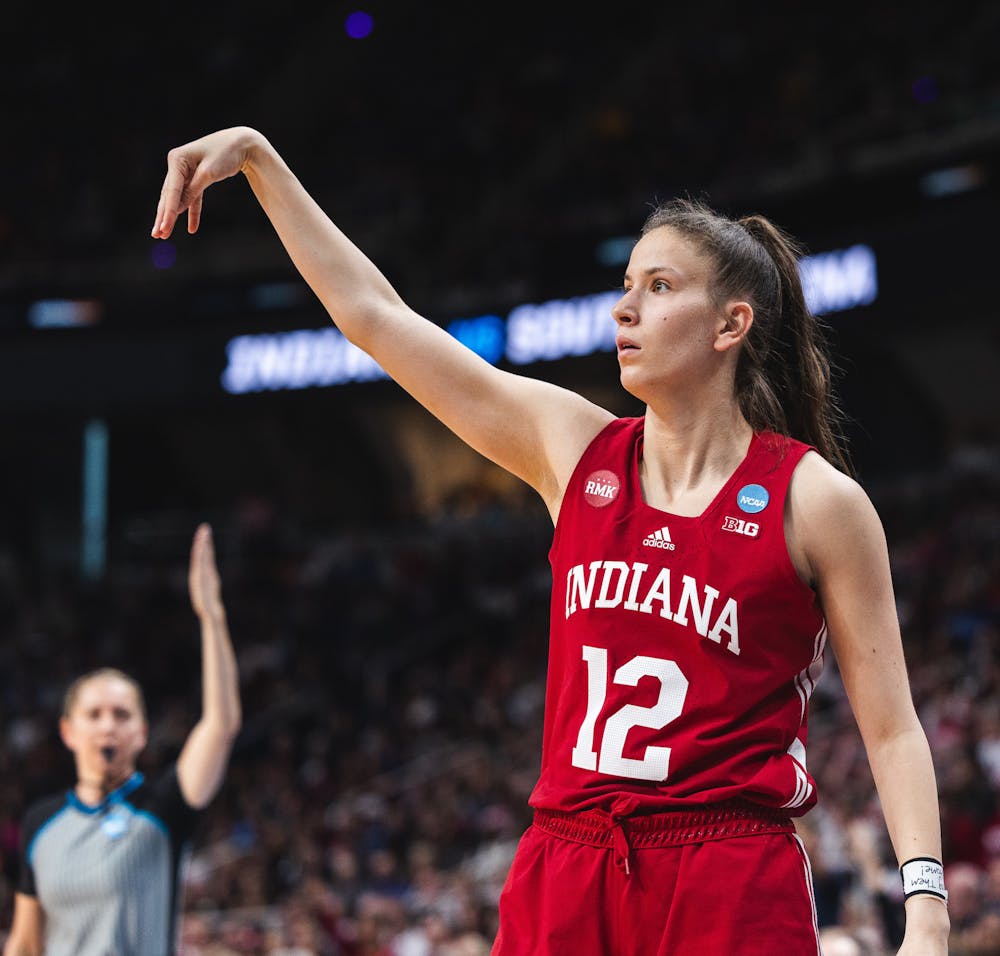 Yarden Garzon holds her follow-through during Indiana's loss to South Carolina in the Sweet Sixteen on March 29, 2024. (HN photo/Kallan Graybill)