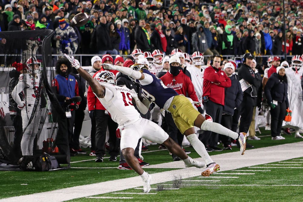 Miles Cross stretches out for the ball during Notre Dame's win over Indiana on Dec. 20, 2024. (HN photo/Jaren Himelick)