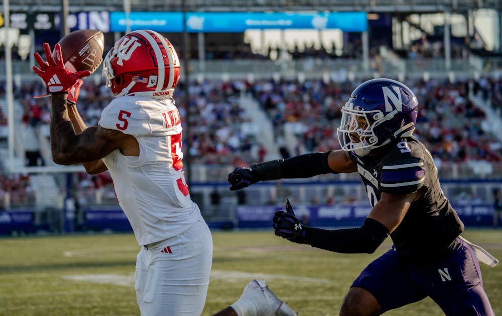 Indiana wide receiver Ke'Shawn Williams catches a touchdown pass in 41-24 win over Northwestern on Oct. 5, 2024. (HN photo/Danielle Stockwell)