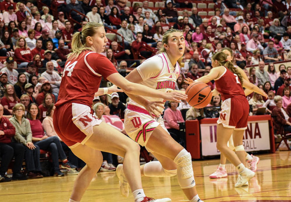 Karoline Striplin (11) works on her defender during Indiana's win over Nebraska in Bloomington on February 2nd, 2025. (HN Photo/Weber Michell)