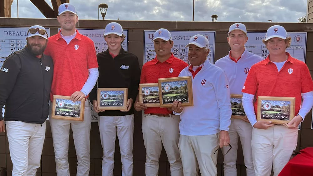 Indiana golfers pose with their plaques after winning the Hoosier Collegiate Tournament on April 7, 2024. (Photo courtesy of IU Athletics)