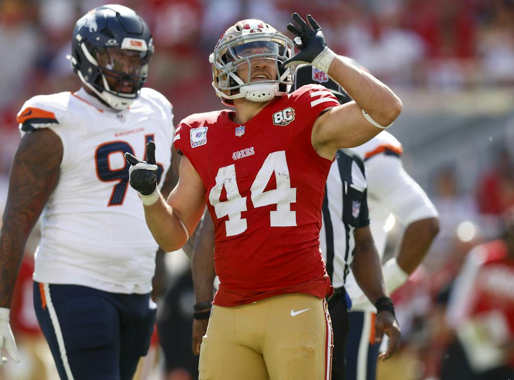 <p>San Francisco 49ers&#x27; Kyle Juszczyk (44) celebrates his first down catch against the Denver Broncos in the second quarter at Levi&#x27;s Stadium in Santa Clara, Calif., on Sunday, Oct. 4, 2026. (Nhat V. Meyer/Bay Area News Group/Tribune Content Agency)</p>