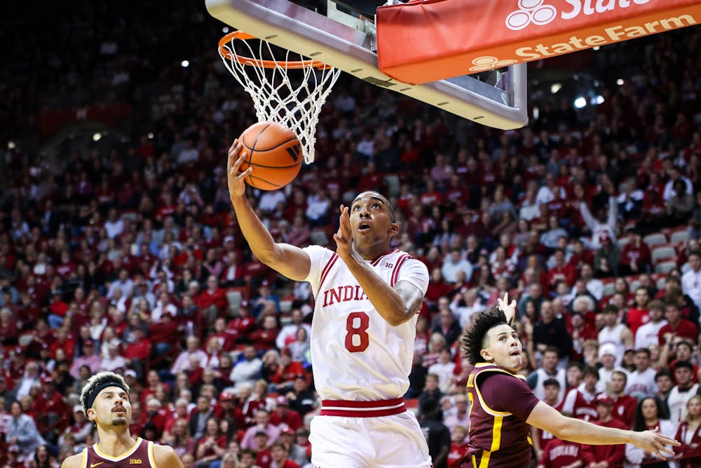 Bryson Tucker shoots a reverse layup during Indiana's win over Minnesota on Dec. 9, 2024. (HN photo/Jaren Himelick)