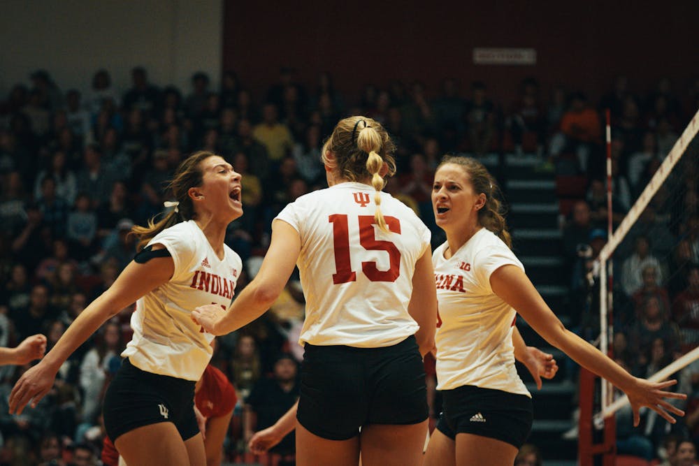 Indiana volleyball players react to a point in a loss to No. 9 Purdue on Saturday, Oct. 15. (HN photo/Max Wood)