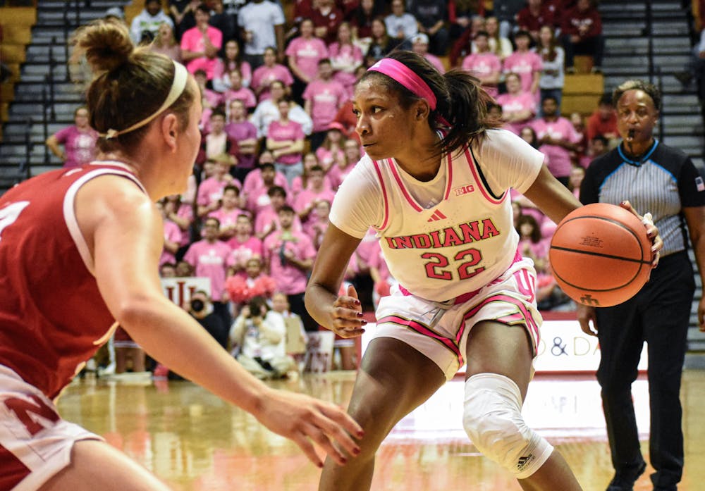 Chloe Moore-McNeil sizes up her opponent during Indiana's win over Nebraska on Feb. 2, 2025. (HN photo/Weber Michell)