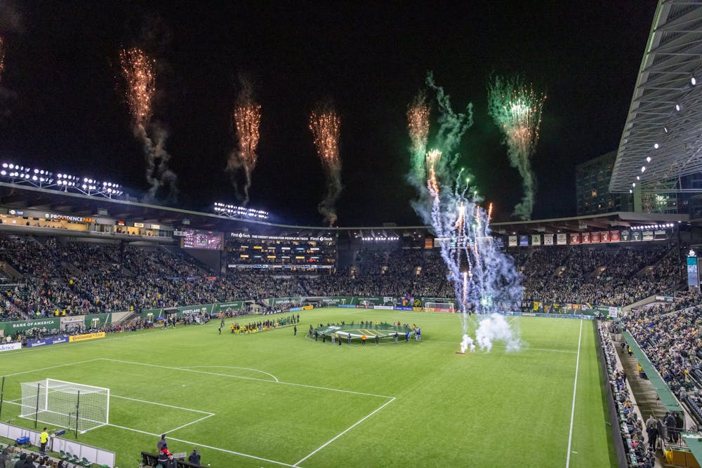 Pregame fireworks at Providence Park before the Portland Timbers face the Columbus Crew in an MLS match on Saturday, Feb. 21, 2025. (Sean Meagher/Tribune Content Agency)