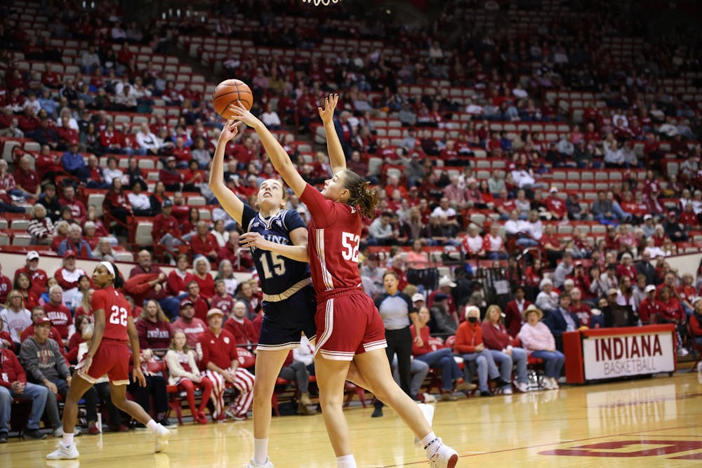 Lilly Meister defends a shot during Indiana's win over Maine on Dec. 1, 2024. (HN photo/Jaren Himelick)