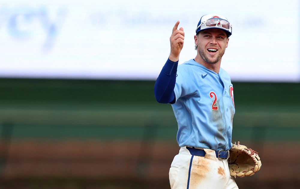 Chicago Cubs second baseman Nico Hoerner (2) celebrates after completing a double play to end the game in victory against the New York Mets at Wrigley Field in Chicago on April 17, 2026.  (Chris Sweda/Chicago Tribune/Tribune Content Agency)