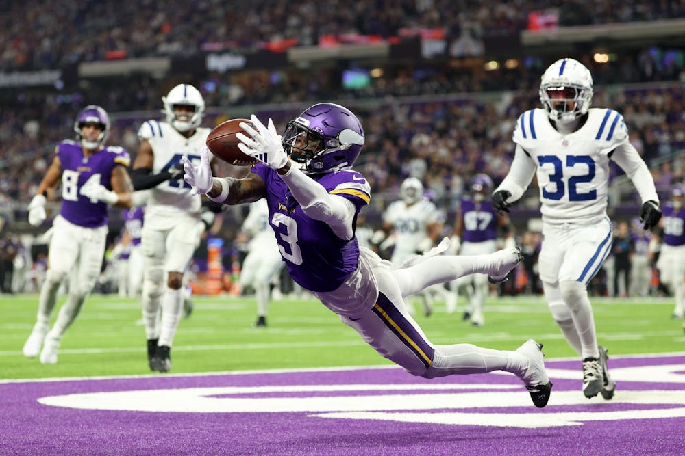 Jordan Addison (3) of the Minnesota Vikings catches a touchdown pass during the third quarter against the Indianapolis Colts at U.S. Bank Stadium on Sunday, Nov. 3, 2024, in Minneapolis. (David Berding/Getty Images/TNS)