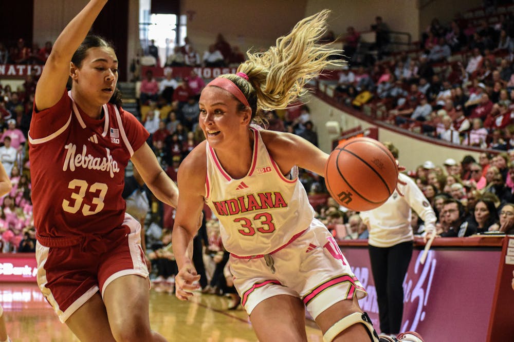 Sydney Parrish drives during Indiana's win over Nebraska on Feb. 2, 2025. (HN photo/Weber Michell)