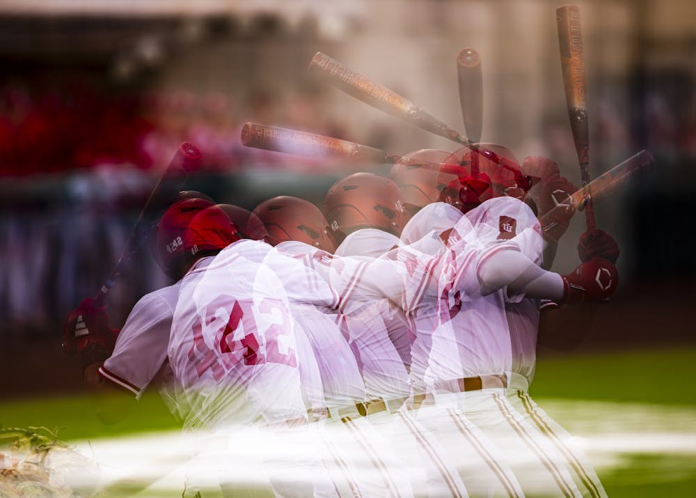 This time-lapse photo shows Brayden Ricketts' swing during Indiana's win over Bradley on Feb. 17, 2026. (HN photo/Brady Owen)