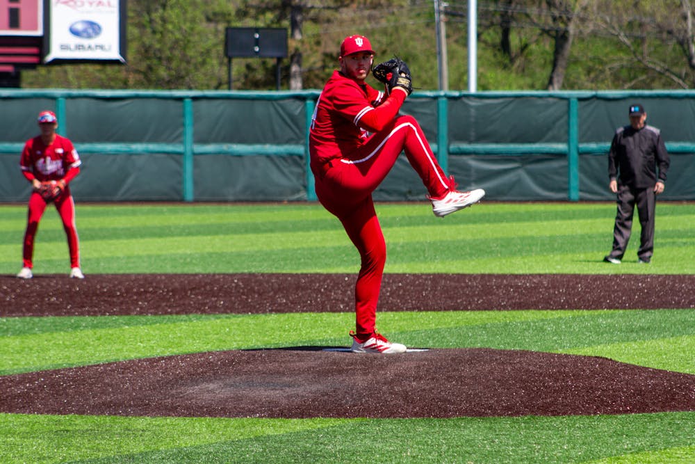 Brayton Thomas winds up during Indiana's win over Rutgers on April 5, 2026. (HN photo/Olivia Smith)