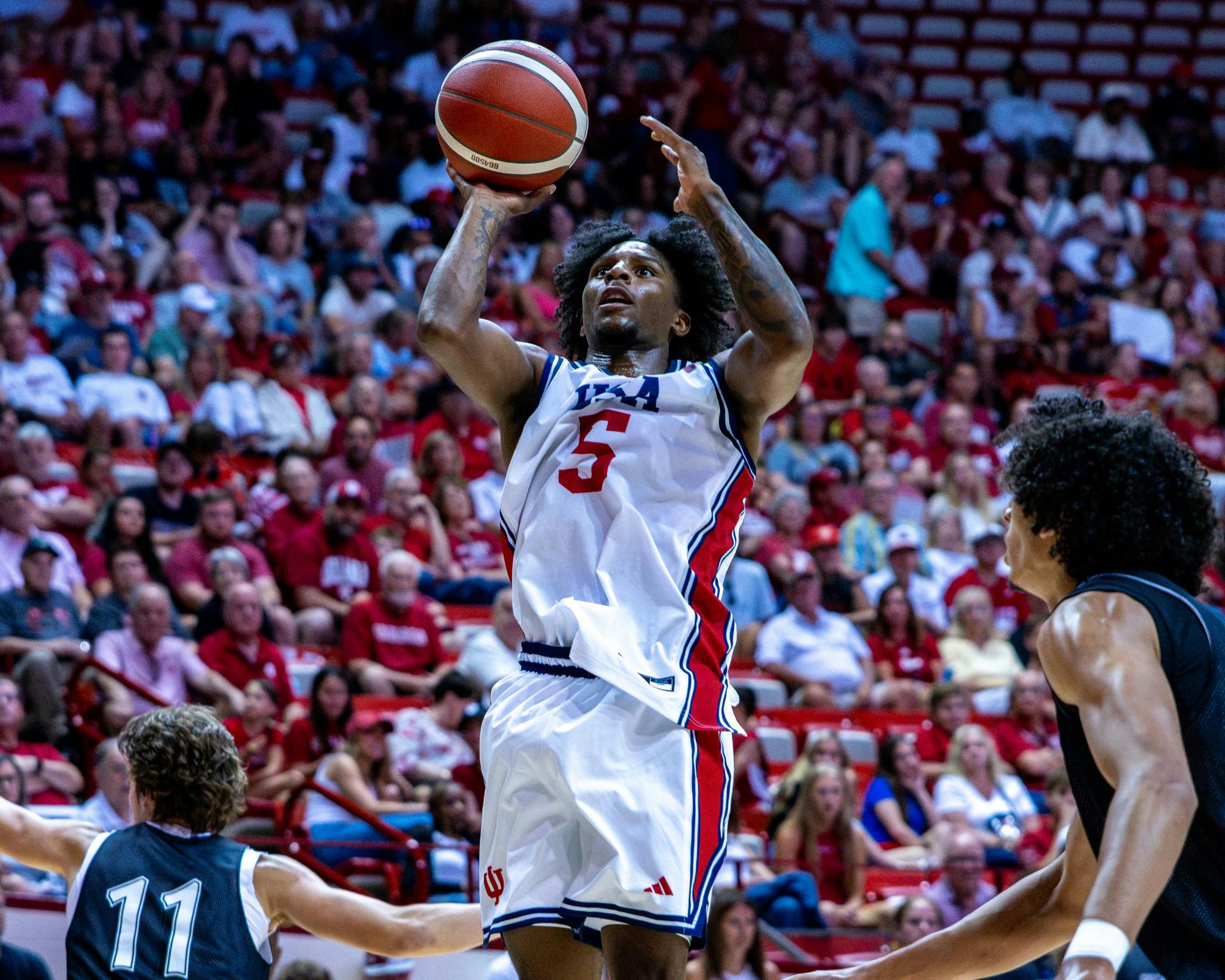 Markus Burton puts up a shot during Indiana's exhibition win over Collège Jean-de-Brébeuf (Team Canada) on July 15, 2026 as Simon Skjodt Assembly Hall. (HN photo/Lauren McKinney)