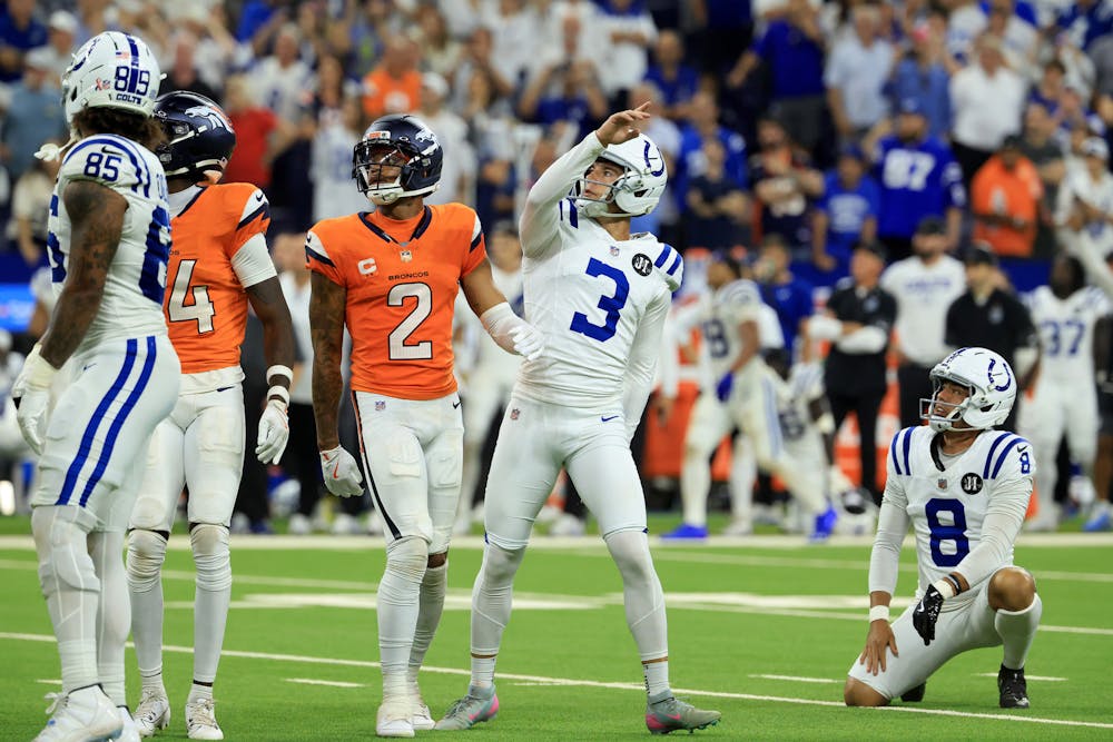 Spencer Shrader (3) of the Indianapolis Colts kicks a field goal during the fourth quarter to beat the Denver Broncos 29-28 at Lucas Oil Stadium on Sunday, Sept. 14, 2025, in Indianapolis. (Justin Casterline/Getty Images/TNS)
