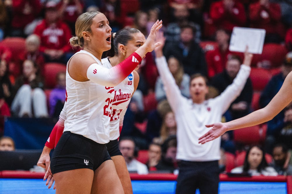Victoria Gray and teammates celebrate during Indiana's win over Toledo in the NCAA Tournament on Dec. 4, 2025. (HN photo/Kallan Graybill)