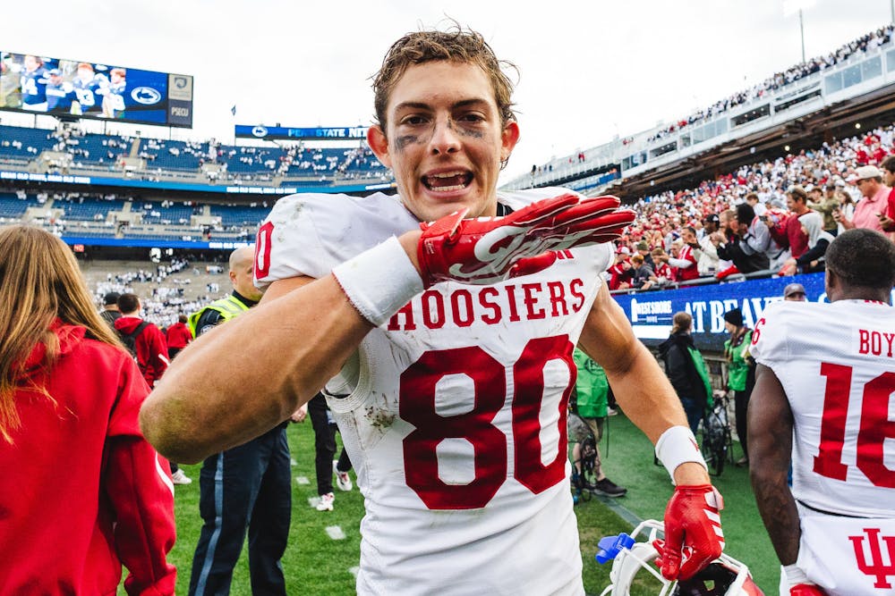 Indiana wide receiver Charlie Becker celebrates towards the camera after Indiana's 27-24 win at Penn State on Nov. 8, 2025. (HN photo/Kallan Graybill)
