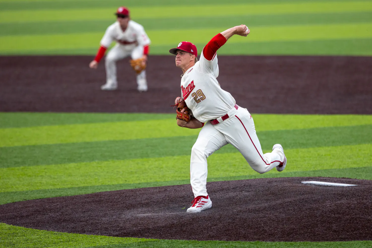 Tony Neubeck delivers a pitch during Indiana's win over Abilene Christian on April 17, 2026. (HN photo/Lauren McKinney)