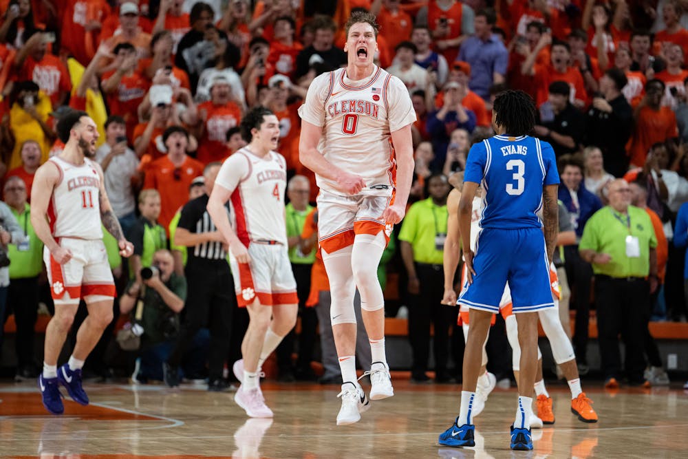 Clemson's Viktor Lakhin (0) celebrates in the second half against Duke at Littlejohn Coliseum on Saturday, Feb. 8, 2025, in Clemson, South Carolina. (Jacob Kupferman/Getty Images/TNS)