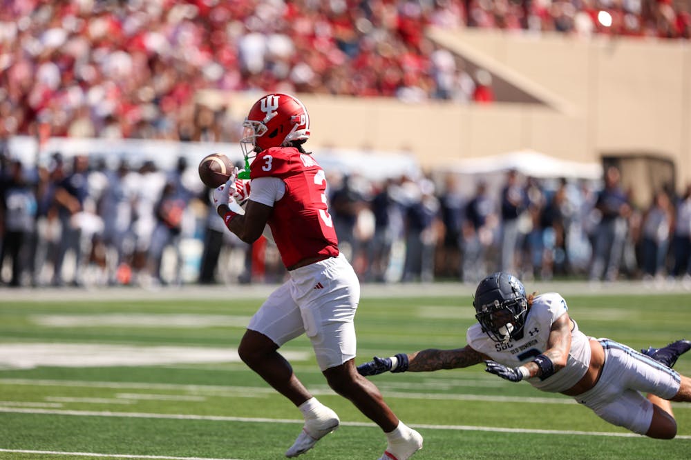 Omar Cooper Jr. can't hang on to a pass during Indiana's win over Old Dominion on Aug. 30, 2025. (HN photo/Sophie Doyne)