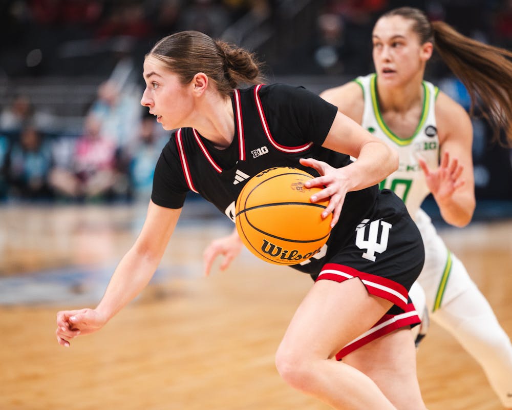 Shay Ciezki drives during Indiana's win over Oregon in the Big Ten Tournament on March 6, 2025. (HN photo/Kallan Graybill)