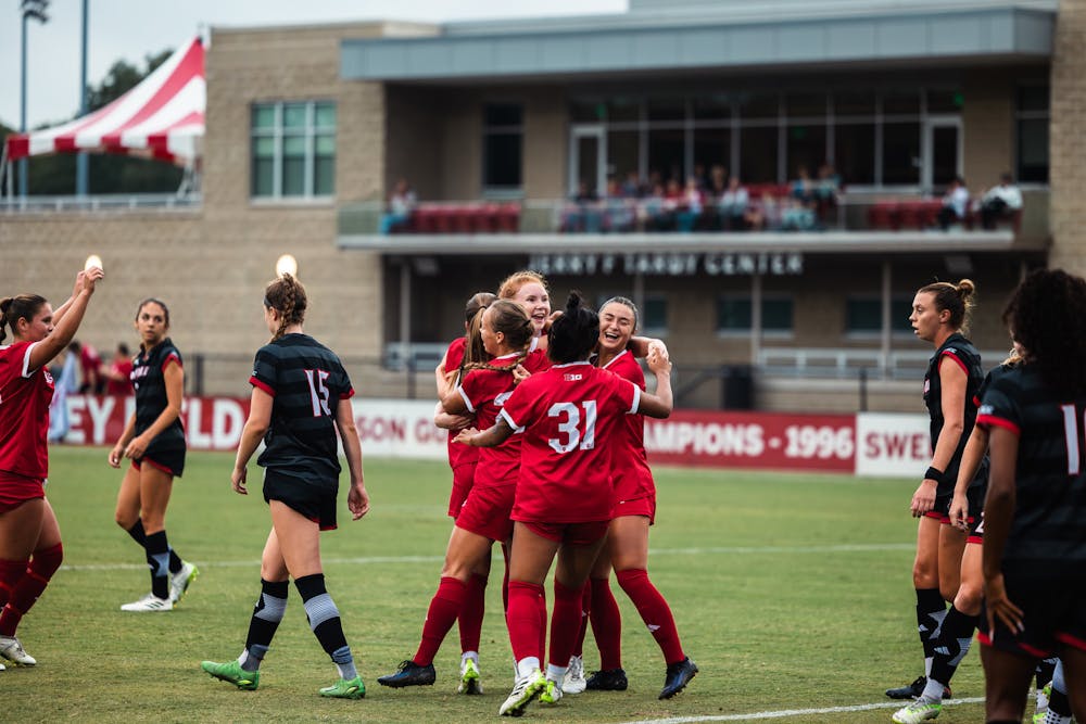 Indiana players celebrate during IU's 2-0 win over Louisville on Sept. 7, 2023. (HN photo/Kallan Graybill)