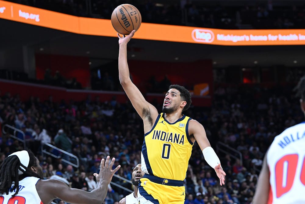 Indiana Pacers guard Tyrese Haliburton (0) shoots over Detroit Pistons center Isaiah Stewart (28) in the first quarter. Detroit Pistons vs Indiana Pacers at Little Caesars Arena on October 23, 2024, in Detroit, MI. (Clarence Tabb Jr./Tribune Content Agency)