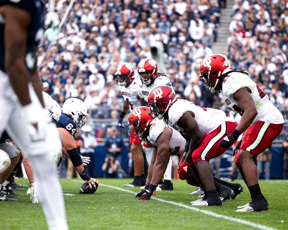 The Indiana defensive line up against Penn State offense. (HN Photo/ Kal Graybill)